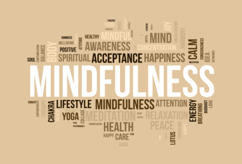 Word cloud background concept for mindfulness. Spiritual meditat